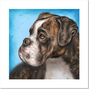 Painting of a Brindled Brown and White Boxer Dog Look to the Side on Blue Background Posters and Art